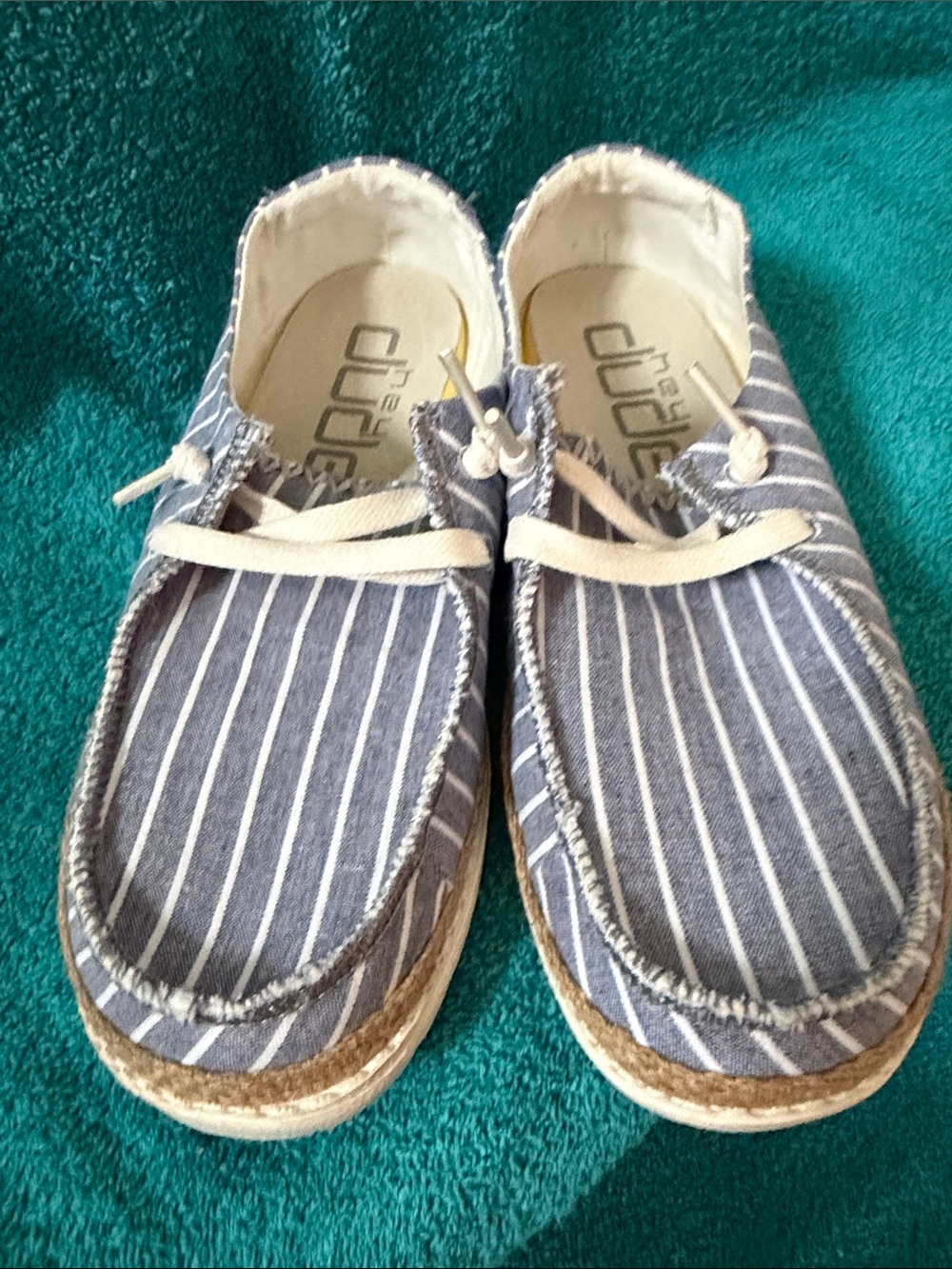 Hey Dude Women's Blue and White Striped Canvas Slip-Ons